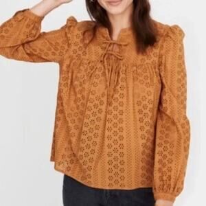 Madewell Womens Size Small Eyelet Double Tie Peasant Top Blouse‎ Carrot Cake